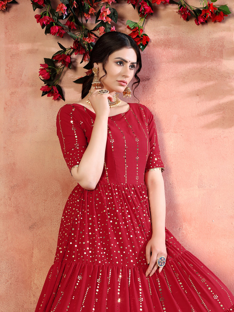 Casual Wear Red Santoon Gown With Fancy Sequins ClothsVilla