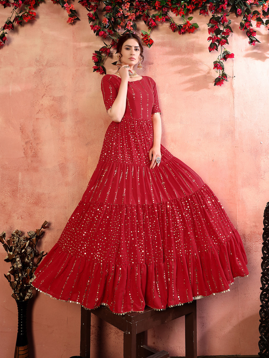 Casual Wear Red Santoon Gown With Fancy Sequins ClothsVilla