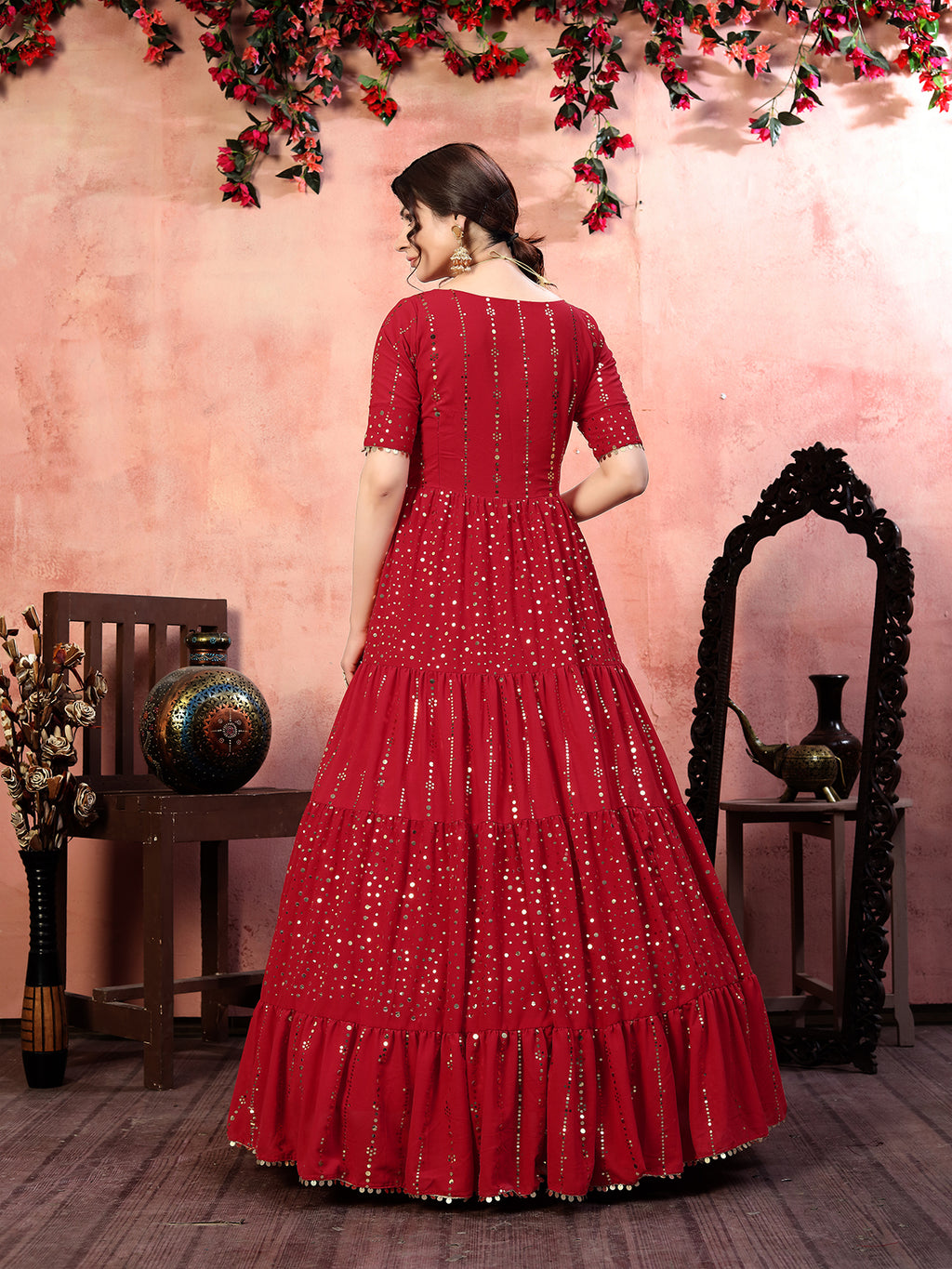 Casual Wear Red Santoon Gown With Fancy Sequins ClothsVilla
