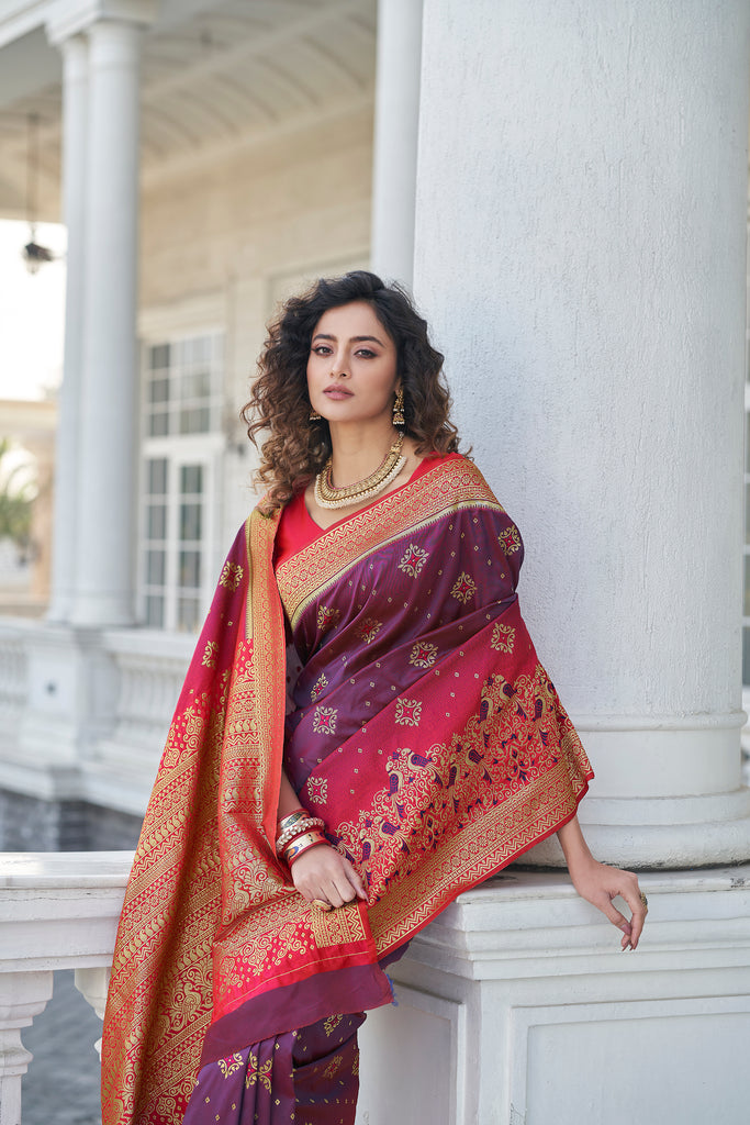 Catching Purple Zari Weaving Soft Banarasi Silk Designer Saree ClothsVilla