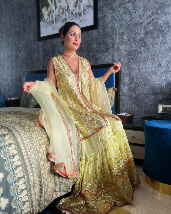 Celebrity Wear Yellow Color Sequence Work Sharara Suit Clothsvilla