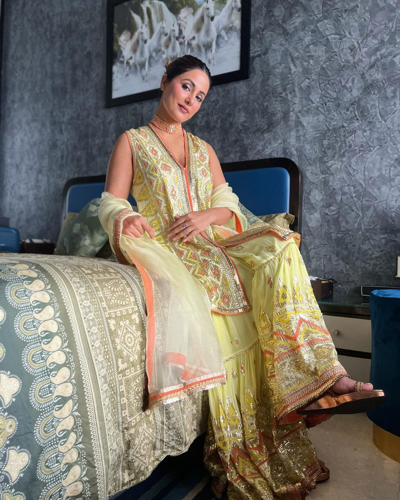 Celebrity Wear Yellow Color Sequence Work Sharara Suit Clothsvilla