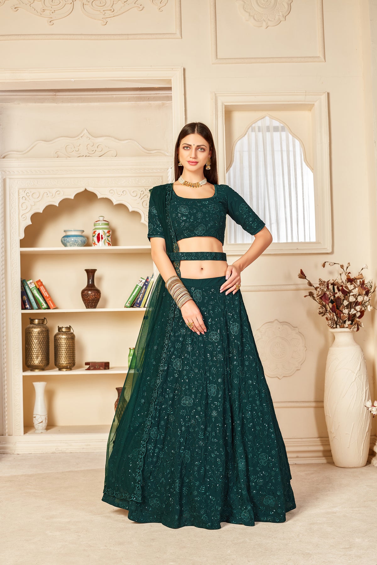 Charming Green Thread And Sequins Embroidered Georgette Semi Stitched Lehenga ClothsVilla Main image