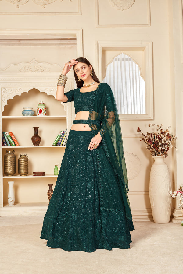 Charming Green Thread And Sequins Embroidered Georgette Semi Stitched Lehenga ClothsVilla