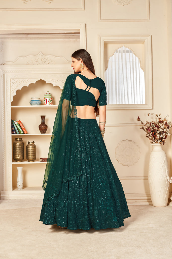 Charming Green Thread And Sequins Embroidered Georgette Semi Stitched Lehenga ClothsVilla