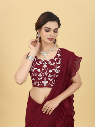Charming Maroon Color Ruffle Style lehenga Saree Clothsvilla