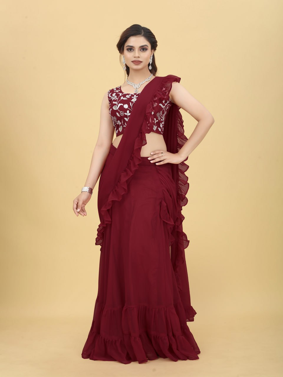 Charming Maroon Color Ruffle Style lehenga Saree Clothsvilla