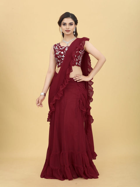 Charming Maroon Color Ruffle Style lehenga Saree Clothsvilla Main image