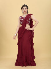 Load image into Gallery viewer, Charming Maroon Color Ruffle Style lehenga Saree Clothsvilla