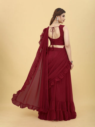 Charming Maroon Color Ruffle Style lehenga Saree Clothsvilla
