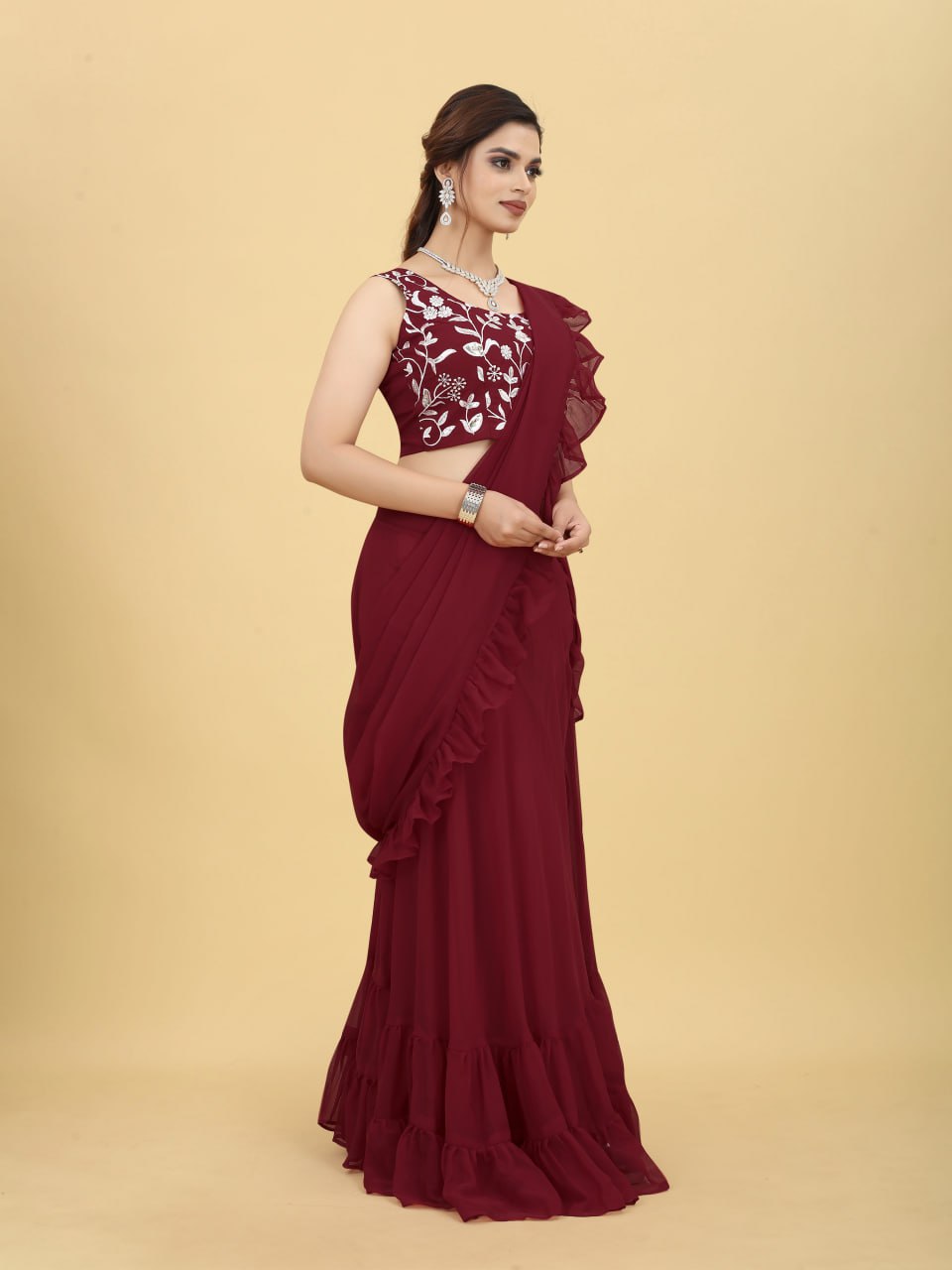 Charming Maroon Color Ruffle Style lehenga Saree Clothsvilla