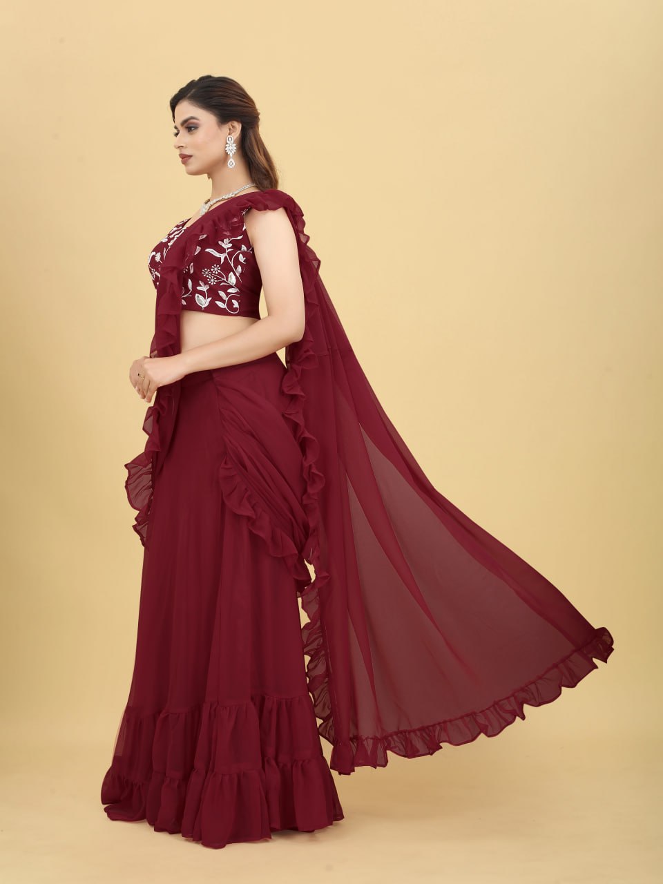 Charming Maroon Color Ruffle Style lehenga Saree Clothsvilla