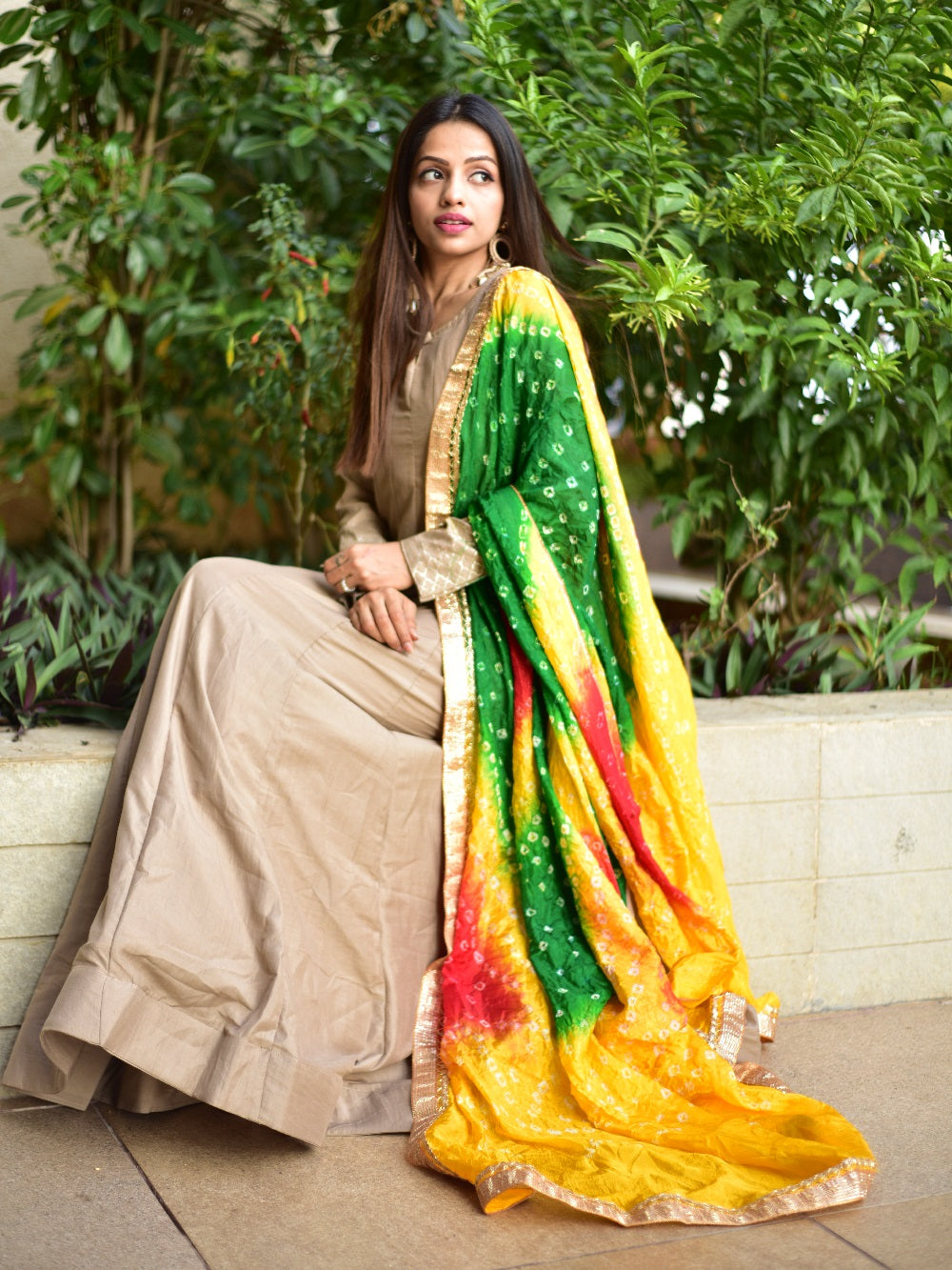 Chiku Color Chinon Anarkali Gown With Bandhani Dupatta Clothsvilla