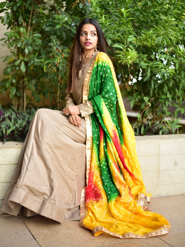 Chiku Color Chinon Anarkali Gown With Bandhani Dupatta Clothsvilla