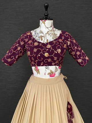 Chiku Color Thread And Sequins Embroidery Work Georgette Lehenga Choli And Dupatta With Belt Clothsvilla