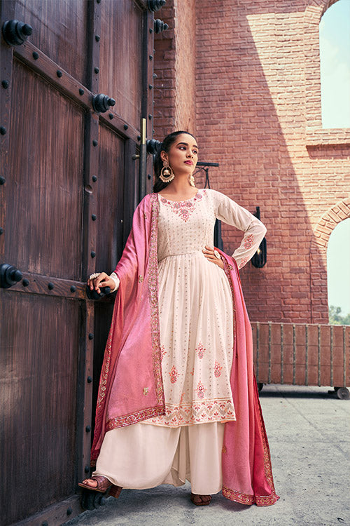 Chiku Georgette Thread And Sequins Embroidered Kurta Palazzo With Dupatta ClothsVilla.com