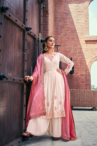 Chiku Georgette Thread And Sequins Embroidered Kurta Palazzo With Dupatta ClothsVilla.com