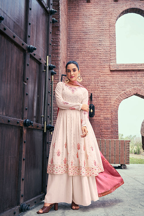 Chiku Georgette Thread And Sequins Embroidered Kurta Palazzo With Dupatta ClothsVilla.com