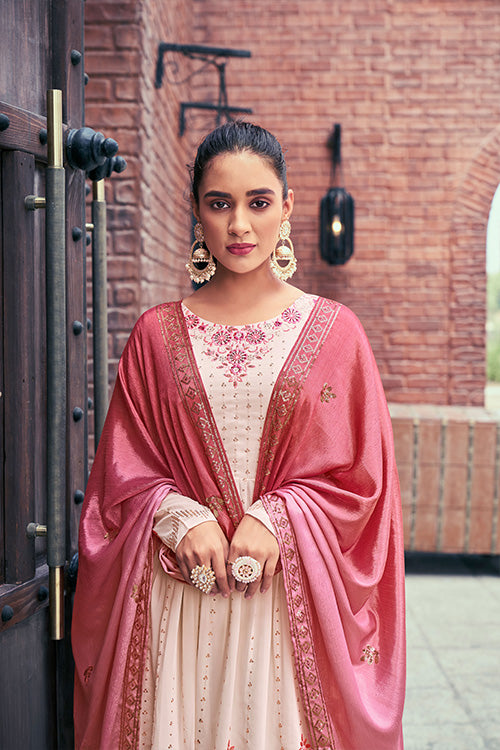 Chiku Georgette Thread And Sequins Embroidered Kurta Palazzo With Dupatta ClothsVilla.com