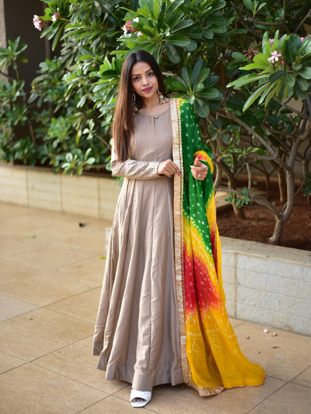 Chiku Color Chinon Anarkali Gown With Bandhani Dupatta Clothsvilla Main image