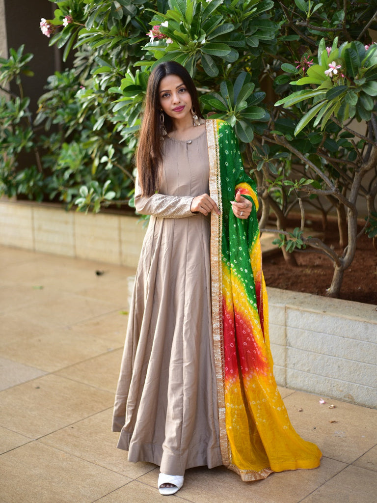Chiku Color Chinon Anarkali Gown With Bandhani Dupatta Clothsvilla
