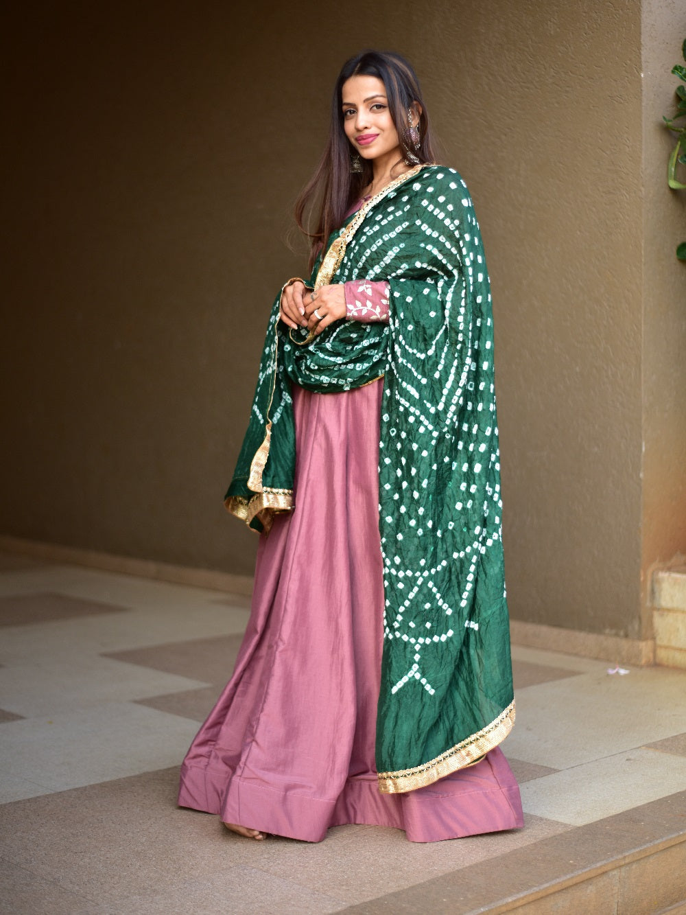 Onion Color Chinon Gown With Bandhej Silk Dupatta Clothsvilla