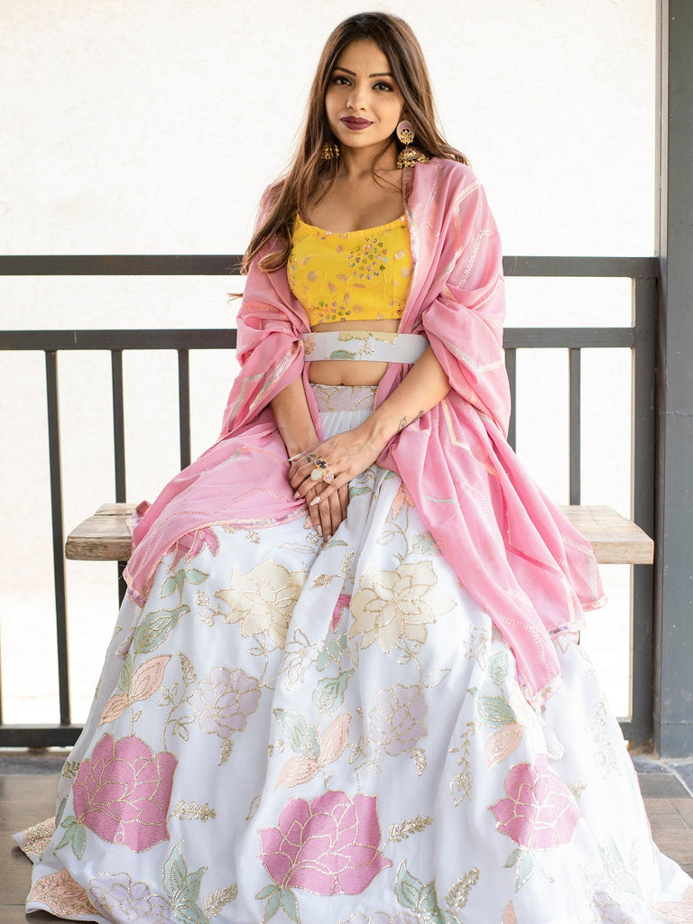 White And Pink Color Embroidery Work Lehenga Choli With Georgette Dupatta Clothsvilla