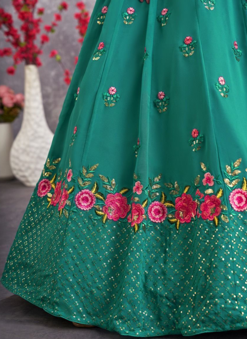 Classic Georgette Firozi Blue Thread Embroidered Lehenga Choli ClothsVilla
