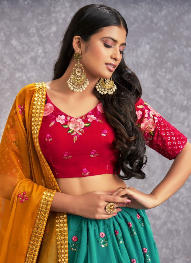 Classic Georgette Firozi Blue Thread Embroidered Lehenga Choli ClothsVilla