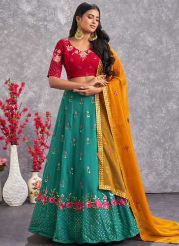 Classic Georgette Firozi Blue Thread Embroidered Lehenga Choli ClothsVilla