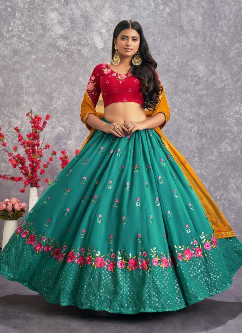 Classic Georgette Firozi Blue Thread Embroidered Lehenga Choli ClothsVilla