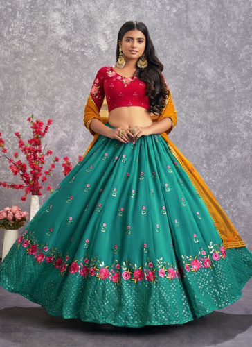 Classic Georgette Firozi Blue Thread Embroidered Lehenga Choli ClothsVilla