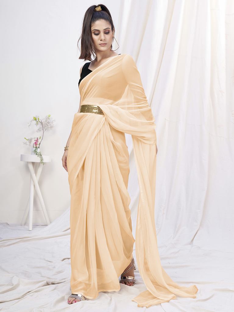 Classy Cream Pre-Stitched Blended Silk Saree ClothsVilla