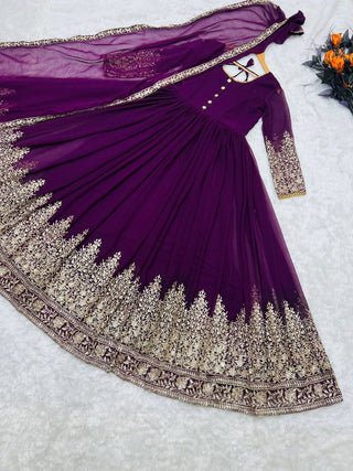 Classy Wine Color Sequence Embroidery Work Gown Clothsvilla
