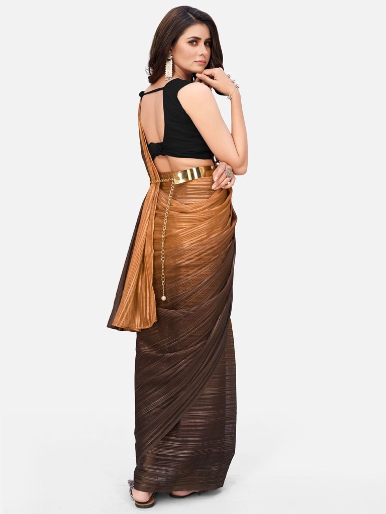 Coffee Brown and Beige Ready to wear Saree With Belt Secondary image