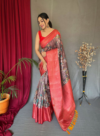 Copper Rose Saree in Banarasi Silk with Kalamkari Prints Clothsvilla