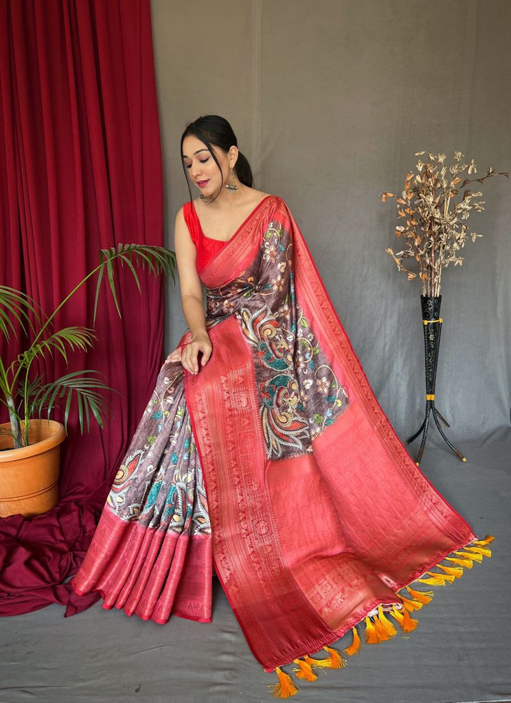 Copper Rose Saree in Banarasi Silk with Kalamkari Prints Clothsvilla