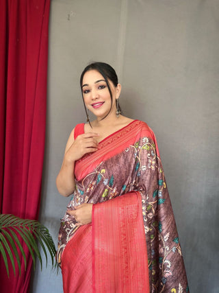 Copper Rose Saree in Banarasi Silk with Kalamkari Prints Clothsvilla