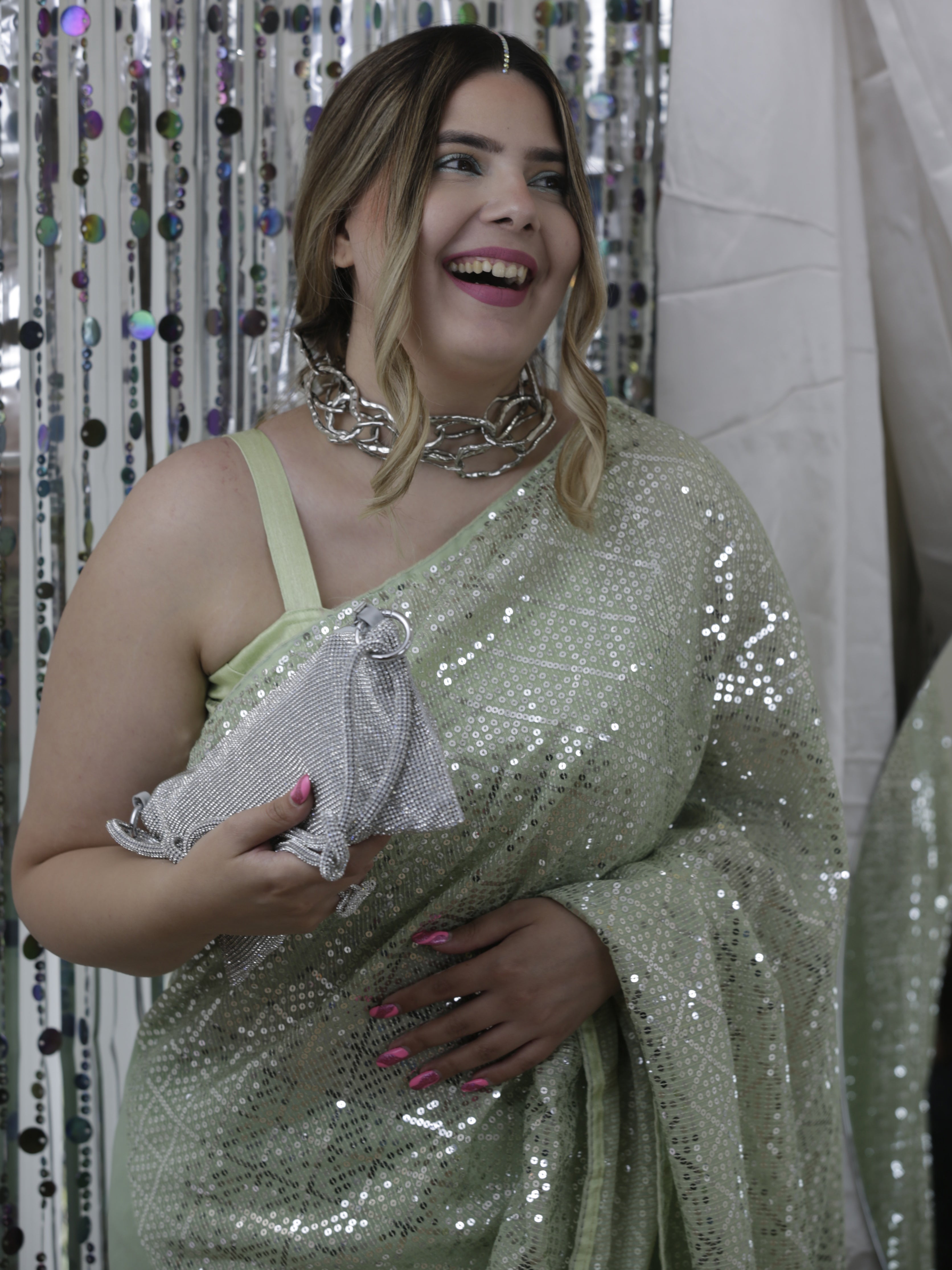 Georgette Sequins Embroidered Designer Saree Pastel Green Clothsvilla Main image