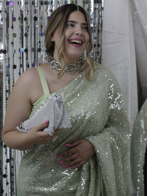 Georgette Sequins Embroidered Designer Saree Pastel Green Clothsvilla Main image
