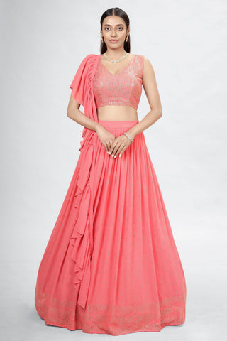 Coral Indian Georgette Lehenga Choli With Ruffle Dupatta For Indian Festival & Weddings - Sequence Embroidery Work, Mukaish Work Clothsvilla