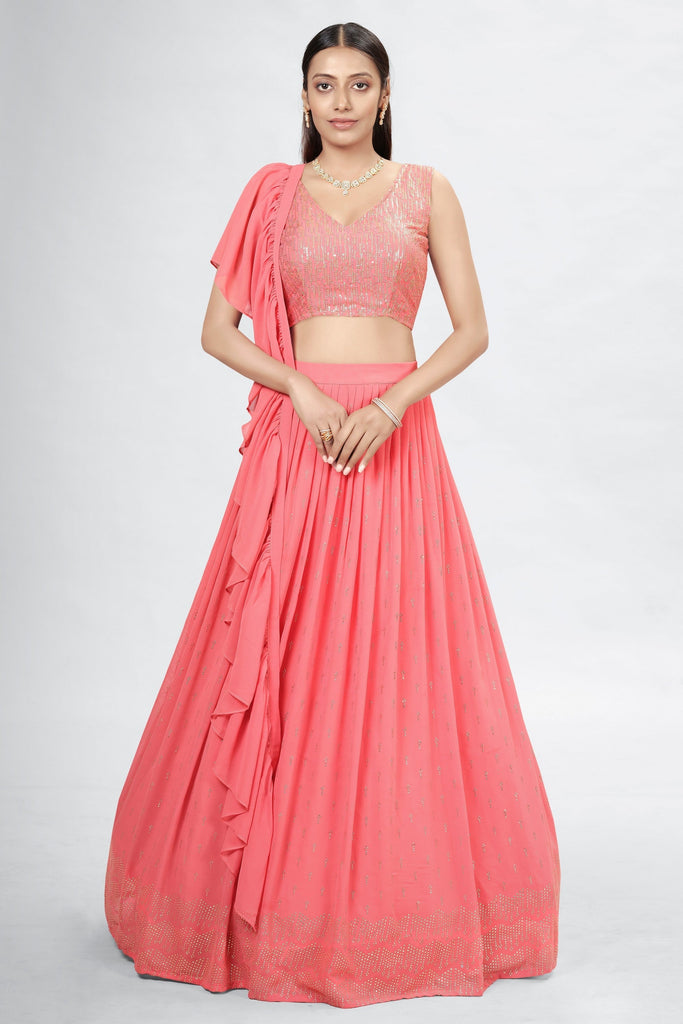Coral Indian Georgette Lehenga Choli With Ruffle Dupatta For Indian Festival & Weddings - Sequence Embroidery Work, Mukaish Work Clothsvilla