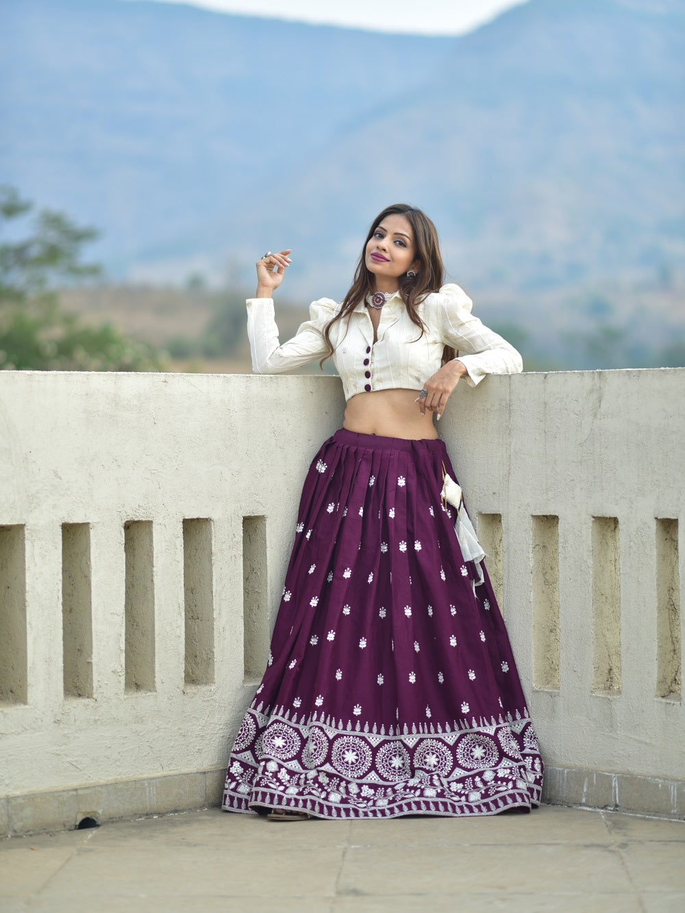 Wine Color Lucknowi Work Pure Cotton Two Piece Lehenga Choli Set Clothsvilla