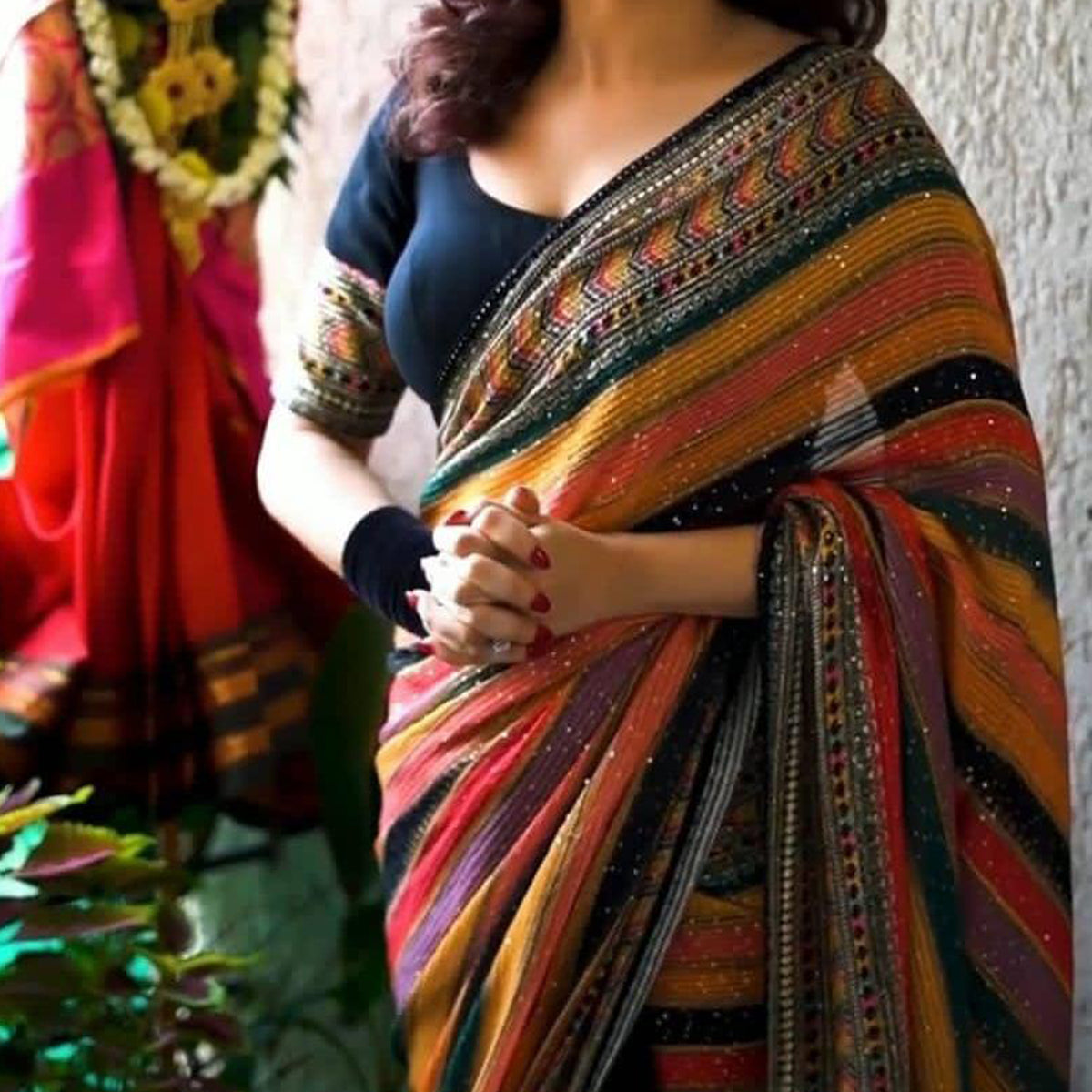 Crochet Georgette Colorful Saree with Sequence Work ClothsVilla