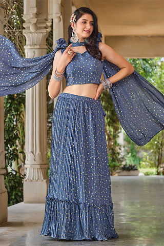 Customizable Big Size Metallic Foil Work Lehenga Choli with Fancy Dupatta ClothsVilla.com