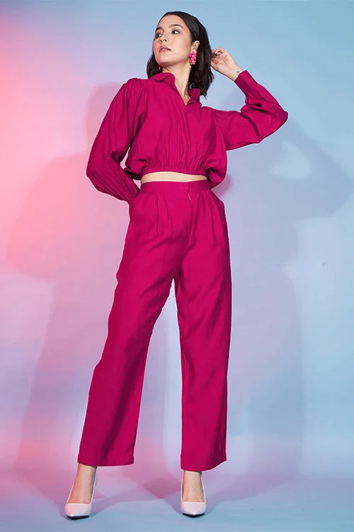 Cute Deep Pink Viscose Rayon Self Design Co-Ord Set For Women ClothsVilla.com