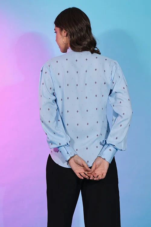 Cute Sky Blue Viscose Rayon Self Design Collar Pattern Top Collection ClothsVilla.com