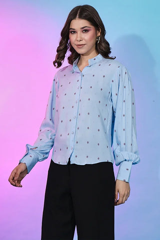Cute Sky Blue Viscose Rayon Self Design Collar Pattern Top Collection ClothsVilla.com