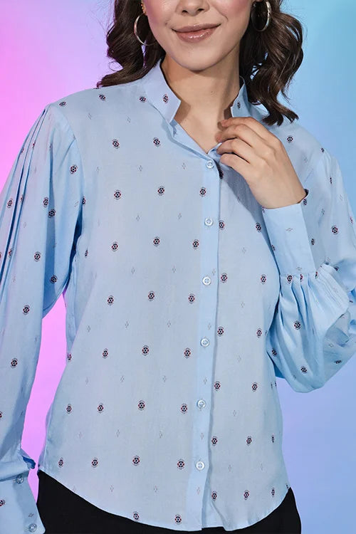 Cute Sky Blue Viscose Rayon Self Design Collar Pattern Top Collection ClothsVilla.com