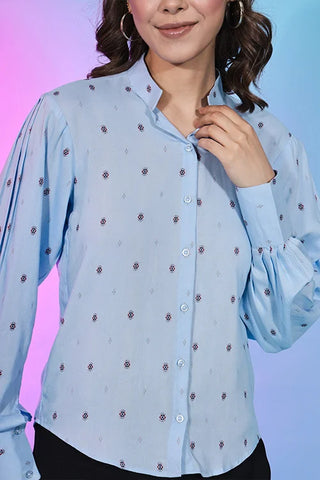 Cute Sky Blue Viscose Rayon Self Design Collar Pattern Top Collection ClothsVilla.com